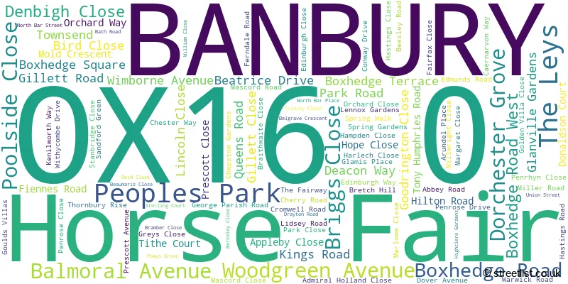 A word cloud for the OX16 0 postcode